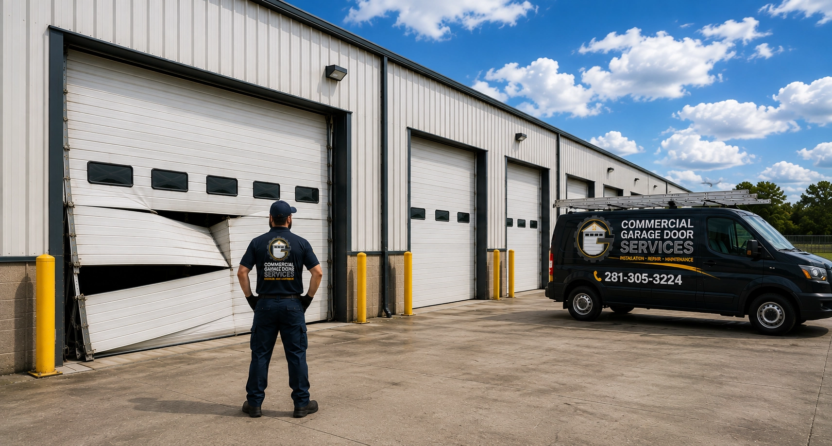 Commercial garage door before repairs