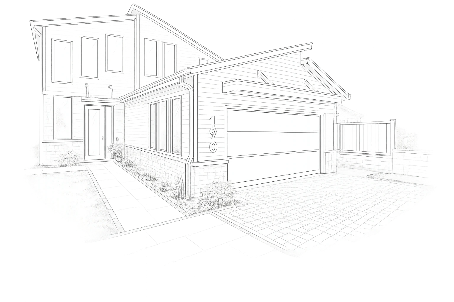 Professional architectural outline of a modern home with garage door